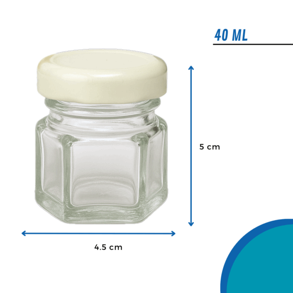 bollon mini hexagonal 40ml, bollon mini hexagonal, bollón vidrio hexagonal, frasco mini vidrio 40ml, envase pequeño vidrio con tapa, bollón dorado artesanal, frasco miel miniatura, envase vidrio souvenir, mini frasco cosmética, bollón hexagonal tapa metálica, frasquito decorativo vidrio, envase gourmet 40ml