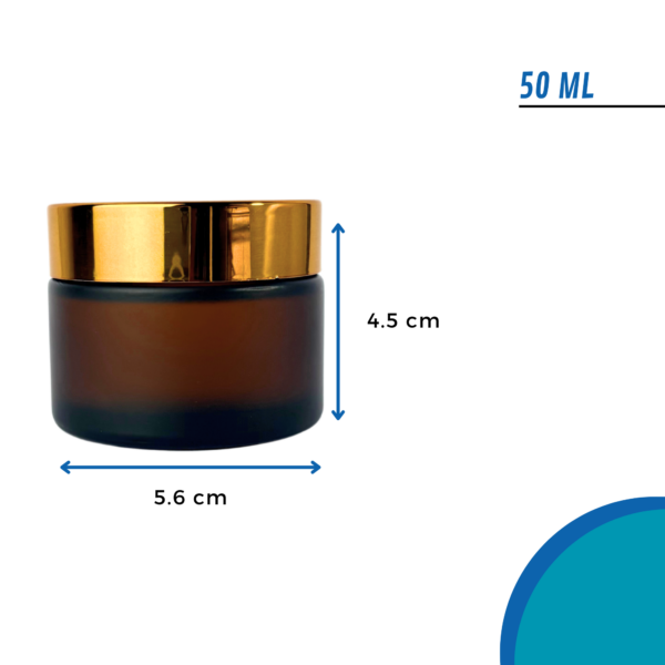 Pote de vidrio esmerilado ámbar con tapa a rosca dorada, blanca o negra y contratapa interna. Envase cosmético de 30g y 50g ideal para cremas, bálsamos y productos de cuidado personal.