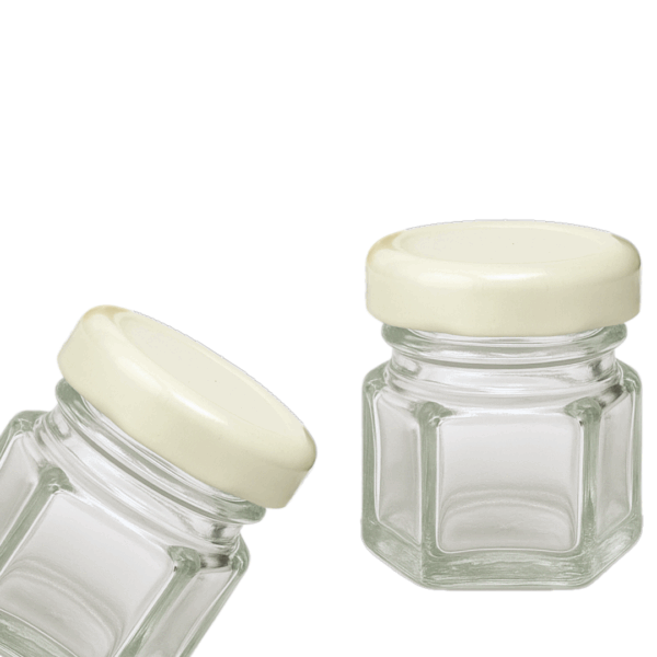 bollon mini hexagonal 40ml, bollon mini hexagonal, bollón vidrio hexagonal, frasco mini vidrio 40ml, envase pequeño vidrio con tapa, bollón dorado artesanal, frasco miel miniatura, envase vidrio souvenir, mini frasco cosmética, bollón hexagonal tapa metálica, frasquito decorativo vidrio, envase gourmet 40ml