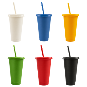 Vasos reutilizables con tapa y sorbito 710ml en colores blanco, azul, amarillo, verde, rojo y negro