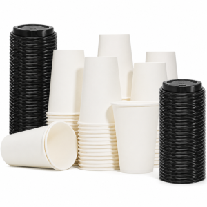 Vasos de café descartables blancos con tapa negra en tres tamaños 4oz 120ml 8oz 240ml y 12oz 350ml - PENFER Uruguay