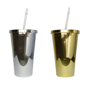 vaso con tapa y sorbito metalizado plateado dorado oro gris doble pared