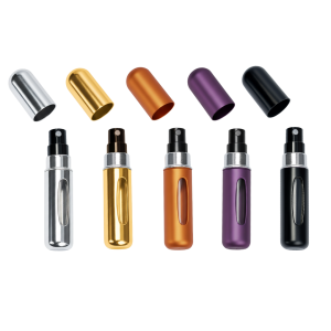 decant de perfume recargable 5ml colores surtidos, frasco recargable para perfume portátil, atomizador de perfume pequeño 5ml, decant de perfume negro plateado dorado violeta y naranja, envase recargable para perfume de bolsillo, decant de perfume, perfume recargable, decant recargable