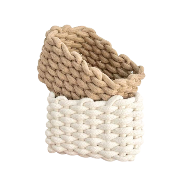 Organizador tejido flexible blanco o marrón de 13.2x19x15 cm, ideal para guardar ropa interior, maquillaje, cremas o perfumes. Organizador decorativo sin tapa ni divisiones, material tipo hilo. organizador para cremas. organizador para baño organizador de baño