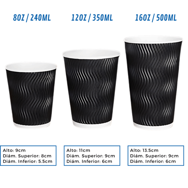 vaso térmico negro, vaso café doble pared, vaso corrugado, vaso ondulado negro, vaso take away, vaso 8oz, vaso 12oz, vaso 16oz, vaso con tapa, tapa con boquilla, vaso aislante, vaso para bebidas calientes, vaso para café para llevar, packaging para cafetería, vaso café corrugado, vaso café con doble pared, vaso café con diseño, vaso café con diseño ondulado
