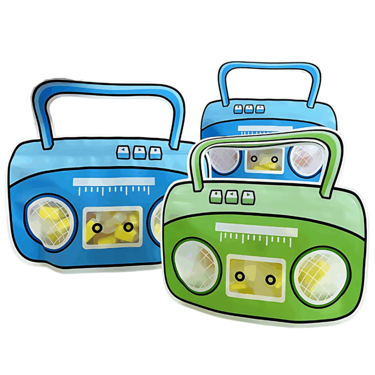 bolsa ziploc infantil, bolsa con diseño de radio, packaging divertido para niños, bolsa sorpresitas, fiestas infantiles, bolsa con manija, bolsa con base expandible, bolsa reutilizable, packaging para golosinas, ziploc con forma original, bolsas para eventos, bolsas infantiles celeste verde, packaging para tiendas infantiles