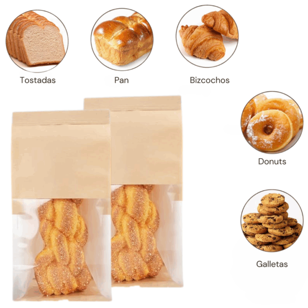 bolsa para pan, bolsa con visor amplio, bolsa panadería, packaging pan artesanal, bolsa resistente a grasa, bolsa resistente al agua, bolsa con base plana, bolsa con fuelle, bolsa con tira plegable, bolsa para donuts, bolsa para galletitas, bolsa para bizcochos, presentación para panadería