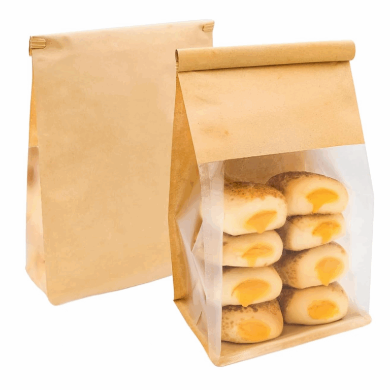 bolsa para pan, bolsa con visor transparente, bolsa panadería, bolsa con base plana, bolsa con fuelle, resistente a grasa, resistente al agua, packaging para pan artesanal, bolsa para donuts, bolsa para galletas, bolsa para bizcochos, presentación para panadería, bolsa con tira de cierre