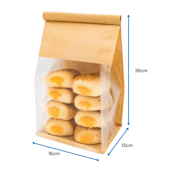 bolsa para pan, bolsa con visor transparente, bolsa panadería, bolsa con base plana, bolsa con fuelle, resistente a grasa, resistente al agua, packaging para pan artesanal, bolsa para donuts, bolsa para galletas, bolsa para bizcochos, presentación para panadería, bolsa con tira de cierre