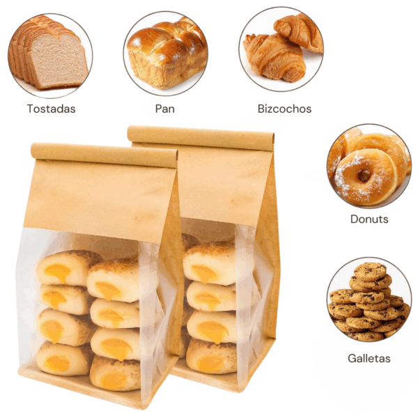 bolsa para pan, bolsa con visor transparente, bolsa panadería, bolsa con base plana, bolsa con fuelle, resistente a grasa, resistente al agua, packaging para pan artesanal, bolsa para donuts, bolsa para galletas, bolsa para bizcochos, presentación para panadería, bolsa con tira de cierre