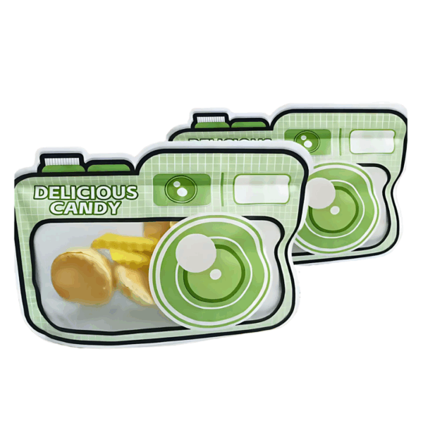 bolsa ziploc infantil, bolsa diseño cámara, packaging divertido niños, bolsa para golosinas, sorpresitas fiestas, bolsa con base expandible, bolsa que se mantiene de pie, ziploc reutilizable niños, packaging creativo infantil, bolsa infantil colores, tienda de regalos infantiles, packaging para eventos, bolsa cámara infantil