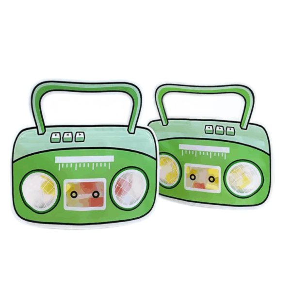 bolsa ziploc infantil, bolsa con diseño de radio, packaging divertido para niños, bolsa sorpresitas, fiestas infantiles, bolsa con manija, bolsa con base expandible, bolsa reutilizable, packaging para golosinas, ziploc con forma original, bolsas para eventos, bolsas infantiles celeste verde, packaging para tiendas infantiles