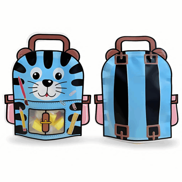 bolsa para sorpresitas, bolsa cumpleaños, bolsa para golosinas, bolsa ziploc infantil, packaging para niños, bolsa con forma mochila, ziploc con diseño de tigre, bolsa sorpresitas, fiestas infantiles, bolsa para golosinas, juguetería, regalería infantil, cierre hermético niños, packaging divertido reutilizable, productos infantiles, bolsas para eventos infantiles