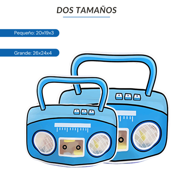 bolsa ziploc infantil, bolsa con diseño de radio, packaging divertido para niños, bolsa sorpresitas, fiestas infantiles, bolsa con manija, bolsa con base expandible, bolsa reutilizable, packaging para golosinas, ziploc con forma original, bolsas para eventos, bolsas infantiles celeste verde, packaging para tiendas infantiles