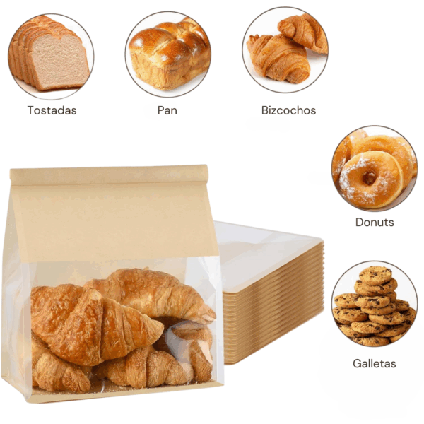 bolsas grandes de pan de papel, bolsas de pan resellables para masa madre, bolsa de almacenamiento de panadería con cierre de estaño frontal transparente con ventana de papel, bolsa para pan, bolsa con visor amplio, packaging para panadería, bolsa con base plana, bolsa con fuelle, resistente a grasa, resistente al agua, bolsa para bizcochos, bolsa para galletas, packaging para donuts, bolsa con tira plegable, presentación pan artesanal, bolsa panadería profesional