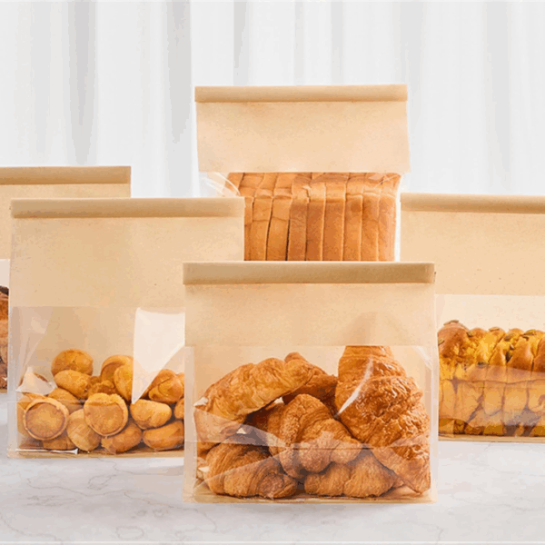 bolsas grandes de pan de papel, bolsas de pan resellables para masa madre, bolsa de almacenamiento de panadería con cierre de estaño frontal transparente con ventana de papel, bolsa para pan, bolsa con visor amplio, packaging para panadería, bolsa con base plana, bolsa con fuelle, resistente a grasa, resistente al agua, bolsa para bizcochos, bolsa para galletas, packaging para donuts, bolsa con tira plegable, presentación pan artesanal, bolsa panadería profesional