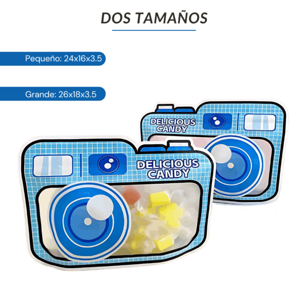 bolsa ziploc infantil, bolsa diseño cámara, packaging divertido niños, bolsa para golosinas, sorpresitas fiestas, bolsa con base expandible, bolsa que se mantiene de pie, ziploc reutilizable niños, packaging creativo infantil, bolsa infantil colores, tienda de regalos infantiles, packaging para eventos, bolsa cámara infantil