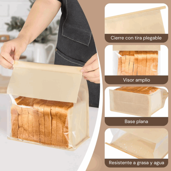 bolsas grandes de pan de papel, bolsas de pan resellables para masa madre, bolsa de almacenamiento de panadería con cierre de estaño frontal transparente con ventana de papel, bolsa para pan, bolsa con visor amplio, packaging para panadería, bolsa con base plana, bolsa con fuelle, resistente a grasa, resistente al agua, bolsa para bizcochos, bolsa para galletas, packaging para donuts, bolsa con tira plegable, presentación pan artesanal, bolsa panadería profesional