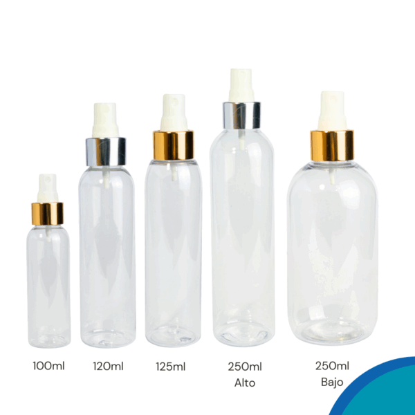 frasco pet, frasco con spray, atomizador plateado, atomizador dorado, frasco incoloro, frasco ámbar, frasco blanco, envase cosmético, envase con spray, packaging elegante, spray metalizado, frasco para perfumes, frasco para aromatizantes, frasco con válvula spray, envase para líquidos, presentación premium, envase con rociador, frasco con vaporizador