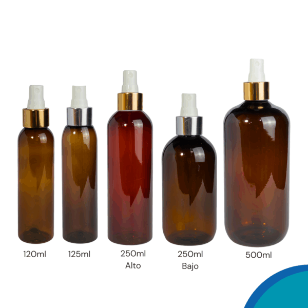 frasco pet, frasco con spray, atomizador plateado, atomizador dorado, frasco incoloro, frasco ámbar, frasco blanco, envase cosmético, envase con spray, packaging elegante, spray metalizado, frasco para perfumes, frasco para aromatizantes, frasco con válvula spray, envase para líquidos, presentación premium, envase con rociador, frasco con vaporizador