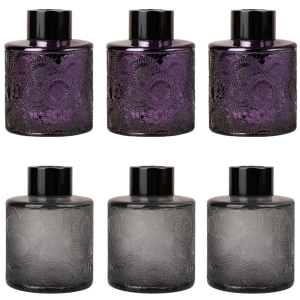 frasco difusor, frasco para varitas, frasco aromatizante, envase decorativo, frasco labrado, difusor 100ml, frasco violeta, frasco gris, tapa perforada, tapa dorada, tapa plateada, tapa negra, tapa rosa, packaging aromatizante, frasco con estilo, decoración aromática, frasco vacío para fragancia