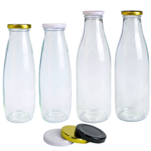 botella de vidrio boca ancha, botella vidrio jugos, envase vidrio leche, botella licuados vidrio, botella tapa metálica negra blanca dorada, botella reutilizable bebidas, envase vidrio natural, botella jugos naturales, botella vidrio resistente, envase sustentable vidrio, botella vidrio leche
