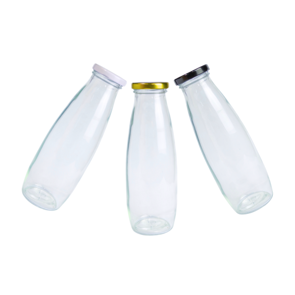 botella de vidrio boca ancha, botella vidrio jugos, envase vidrio leche, botella licuados vidrio, botella tapa metálica negra blanca dorada, botella reutilizable bebidas, envase vidrio natural, botella jugos naturales, botella vidrio resistente, envase sustentable vidrio, botella vidrio leche