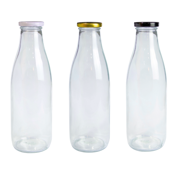 botella de vidrio boca ancha, botella vidrio jugos, envase vidrio leche, botella licuados vidrio, botella tapa metálica negra blanca dorada, botella reutilizable bebidas, envase vidrio natural, botella jugos naturales, botella vidrio resistente, envase sustentable vidrio, botella vidrio leche