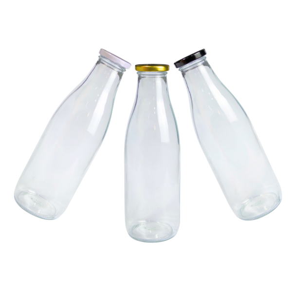botella de vidrio boca ancha, botella vidrio jugos, envase vidrio leche, botella licuados vidrio, botella tapa metálica negra blanca dorada, botella reutilizable bebidas, envase vidrio natural, botella jugos naturales, botella vidrio resistente, envase sustentable vidrio, botella vidrio leche