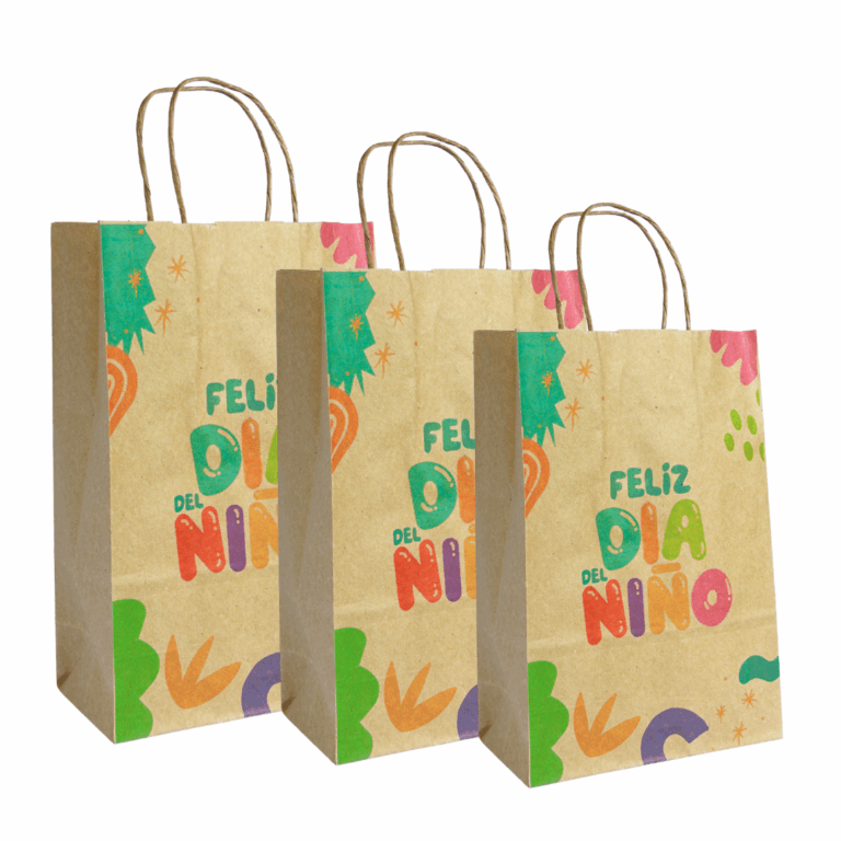 bolsa kraft día del niño, bolsa de papel con asas, packaging infantil, bolsas para regalos, bolsa temática, embalaje kraft día del niño, bolsa kraft diseño infantil, presentación de regalo creativa, bolsa papel reforzada, tamaños surtidos