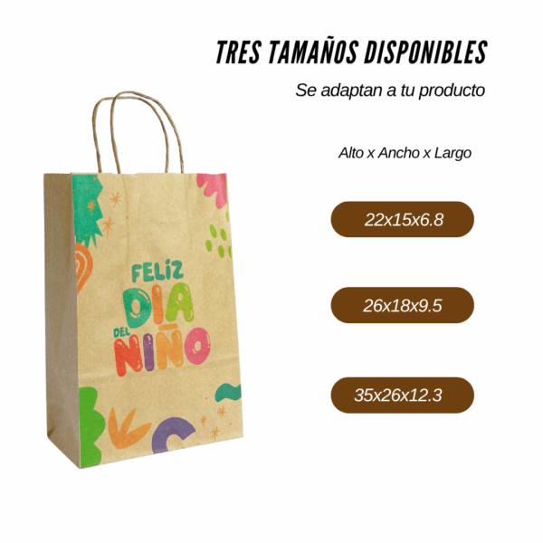 bolsa kraft día del niño, bolsa de papel con asas, packaging infantil, bolsas para regalos, bolsa temática, embalaje kraft día del niño, bolsa kraft diseño infantil, presentación de regalo creativa, bolsa papel reforzada, tamaños surtidos