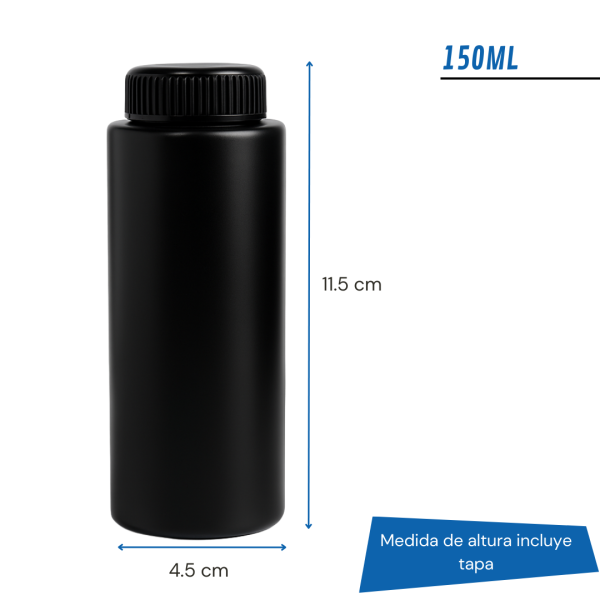 talquera pad negra, envase para talco, frasco para polvos, talquera 60ml, talquera 150ml, envase con tapa a rosca, talquera para peluquería, envase para polvos cosméticos, frasco para ceras en polvo, talquera práctica