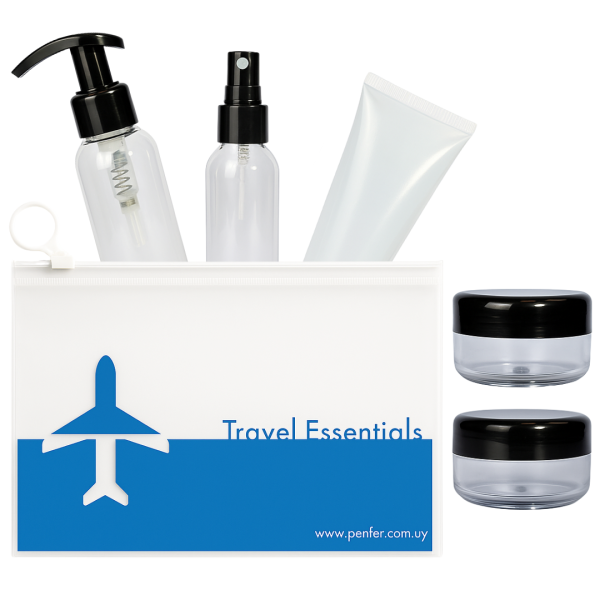 kit de viaje, frascos para avión, kit de frascos para equipaje de mano, kit de viaje 100ml, set de recipientes para viaje, frascos rellenables para avión, set de viaje cosmético, kit de frascos transparentes, botellas de viaje aprobadas por aerolíneas.