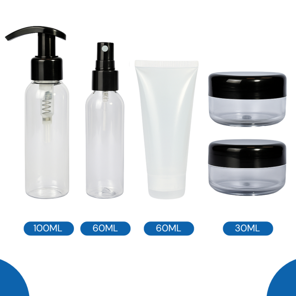 kit de viaje, frascos para avión, kit de frascos para equipaje de mano, kit de viaje 100ml, set de recipientes para viaje, frascos rellenables para avión, set de viaje cosmético, kit de frascos transparentes, botellas de viaje aprobadas por aerolíneas.