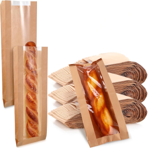 bolsa para pan de papel kraft con visor largo y fuelle, bolsa kraft para panadería resistente al aceite, bolsa de papel con ventana para pan artesanal, packaging de papel kraft para productos de panadería, bolsa rectangular kraft para panificados