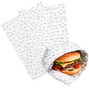 papel antigrasa, papel antigrasa con aluminio, papel aluminio para alimentos, papel para hamburguesas, papel para comida rápida, papel para fast food, papel para envolver comida, papel para sandwiches, papel para wraps, papel 33x34, papel para gastronomía, papel para take away, papel para delivery, papel conserva calor, papel antigrasa gastronómico