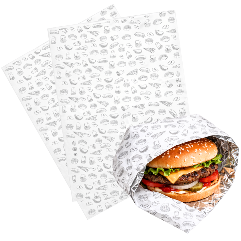 papel antigrasa, papel antigrasa con aluminio, papel aluminio para alimentos, papel para hamburguesas, papel para comida rápida, papel para fast food, papel para envolver comida, papel para sandwiches, papel para wraps, papel 33x34, papel para gastronomía, papel para take away, papel para delivery, papel conserva calor, papel antigrasa gastronómico
