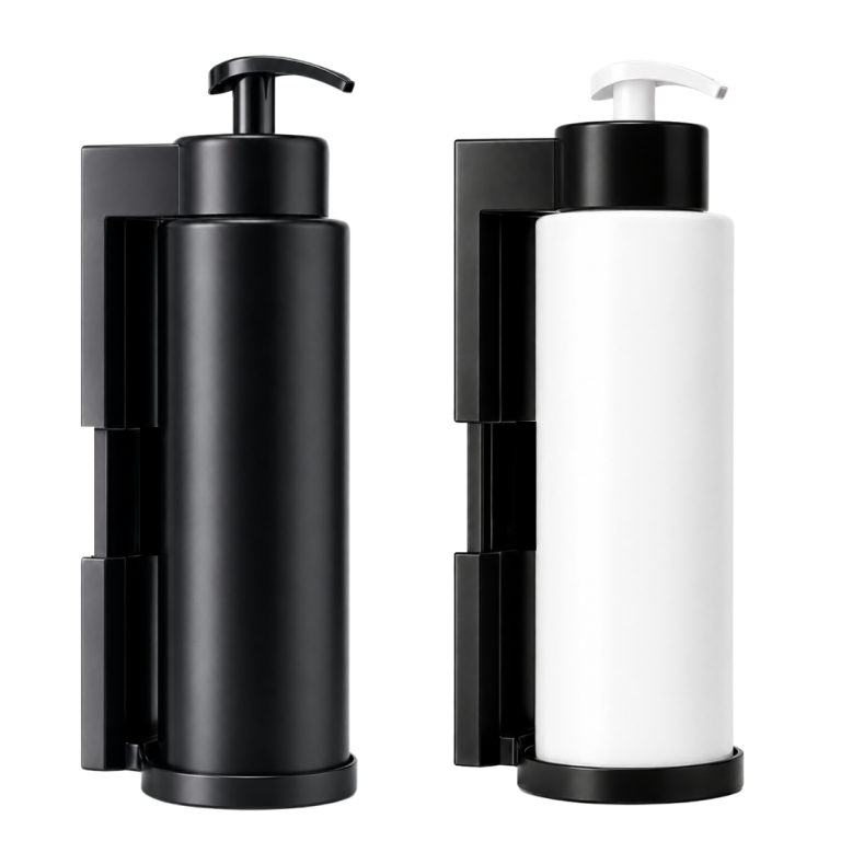 Dispensador de jabón de pared recargable 500ml en color negro y blanco con soporte mural - PENFER Uruguay