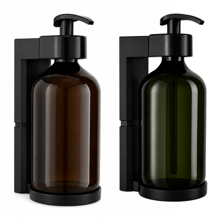 Dispensador de jabón de pared recargable 500ml con botella color ámbar y verde con soporte negro mural - PENFER Uruguay
