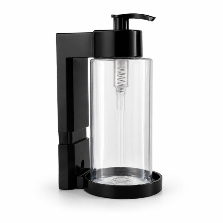 Dispensador de jabón de pared recargable 300ml con botella transparente y soporte negro mural - PENFER Uruguay