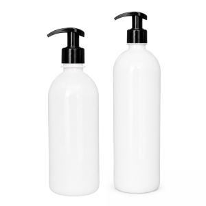 Botellas plásticas PET blancas con válvula cremera dosificadora en acabados blanco negro plateado y dorado 500ml y 1000ml para cosméticos y cremas