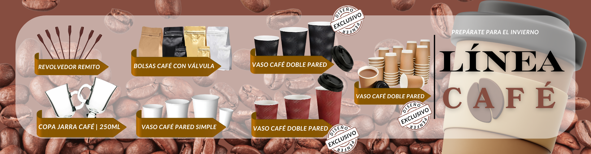 LÍNEA CAFE, VASOS PARA CAFE, VASO DE CAFE POLIPAPEL, BOLSAS DE CAFE, BOLSA CON VÁLVULA, JARRA DE CAFE VIDRIO, COPA DE CAFE VIDRIO, COPAS PARA CAFE VIDRIO, VASOS POLIPAPEL CAFE, REMITO PARA CAFE, REVOLVEDOR DE CAFE